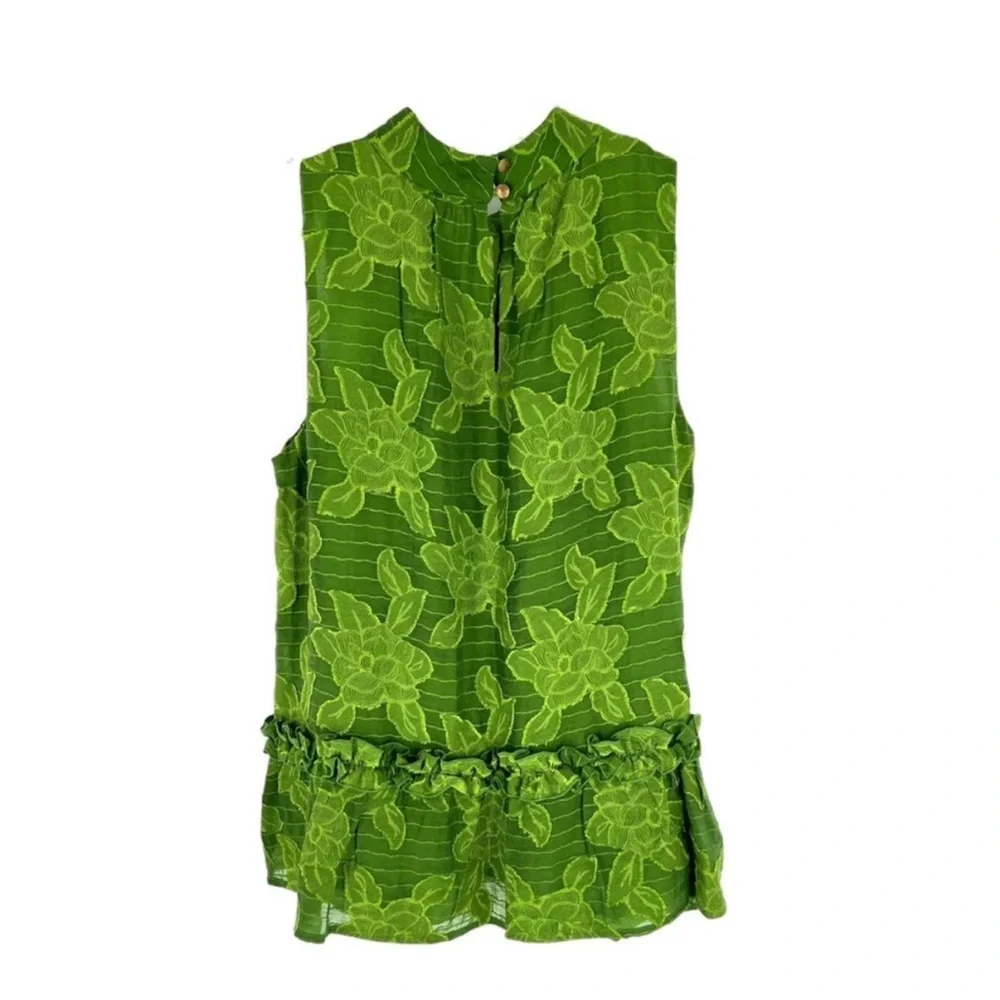 Maeve Anthropologie Savannah Embroidered Green Floral Swing Ruffle Blouse‎ Sz 2